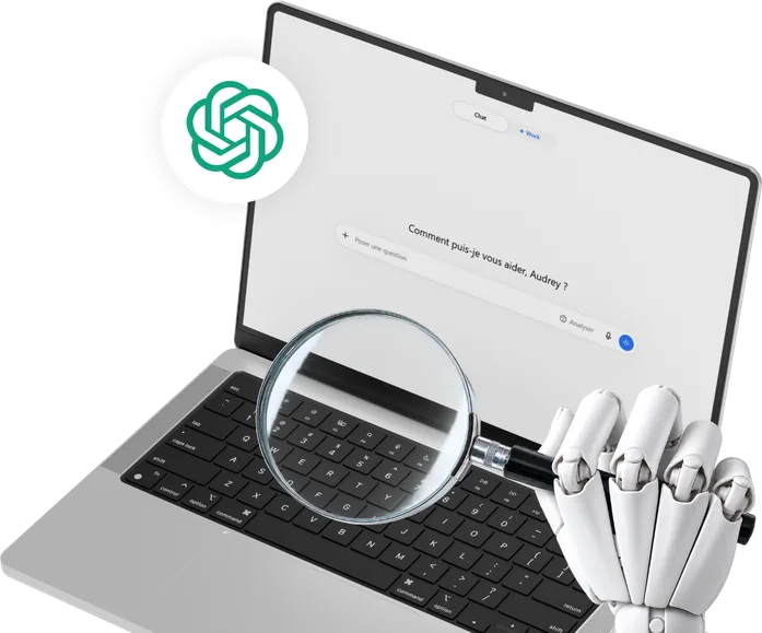 Main de robot tenant une loupe au-dessus d’un ordinateur portable ouvert sur ChatGPT