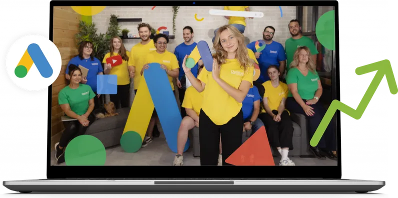Équipe de Delisoft à l’écran d’un ordinateur portable, avec le logo Google Ads et une flèche de croissance